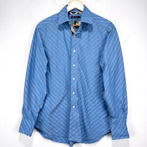 Robert Graham Flip Cuff Button Shirt Men Large Blue White Striped Placket Cotton